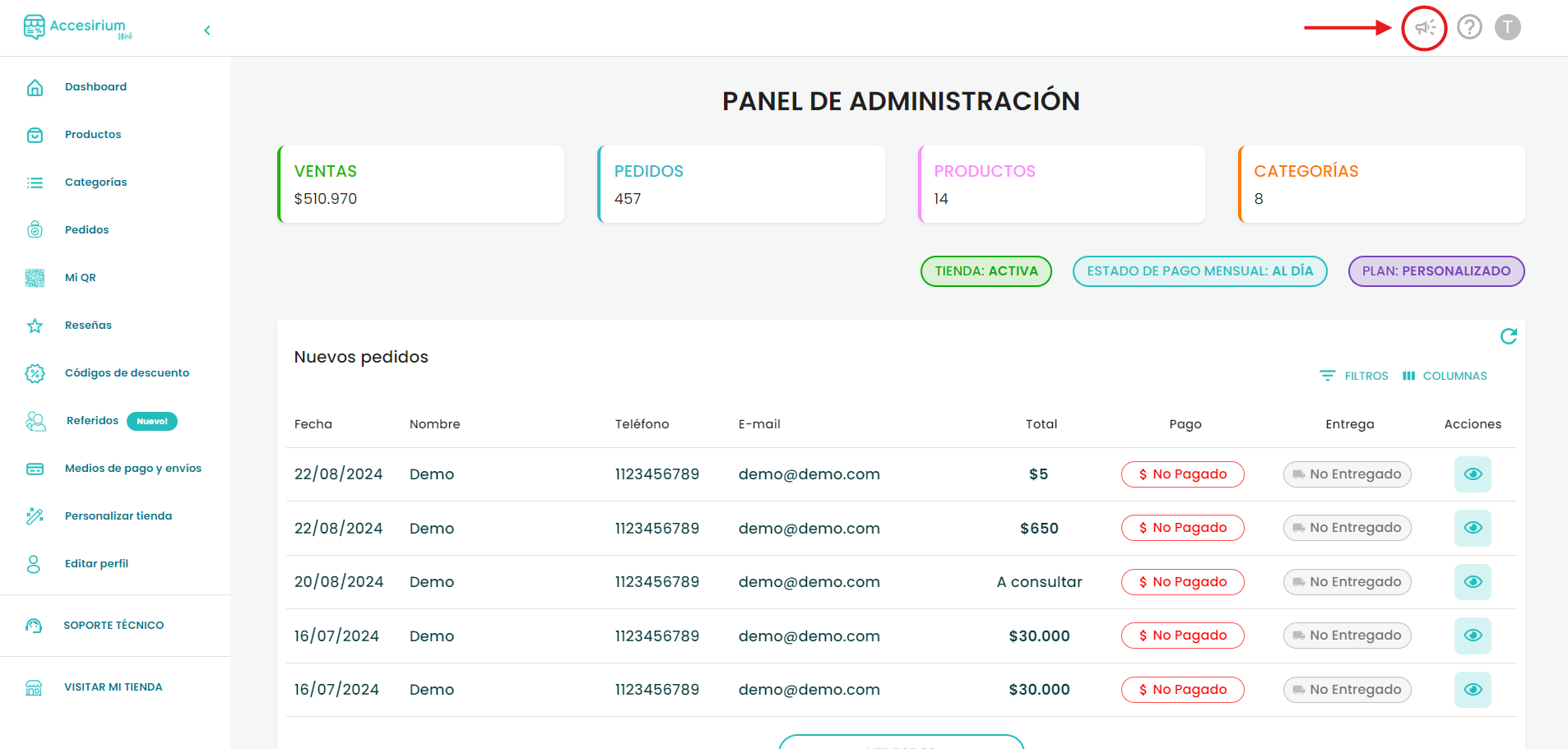 HomePage panel de administración